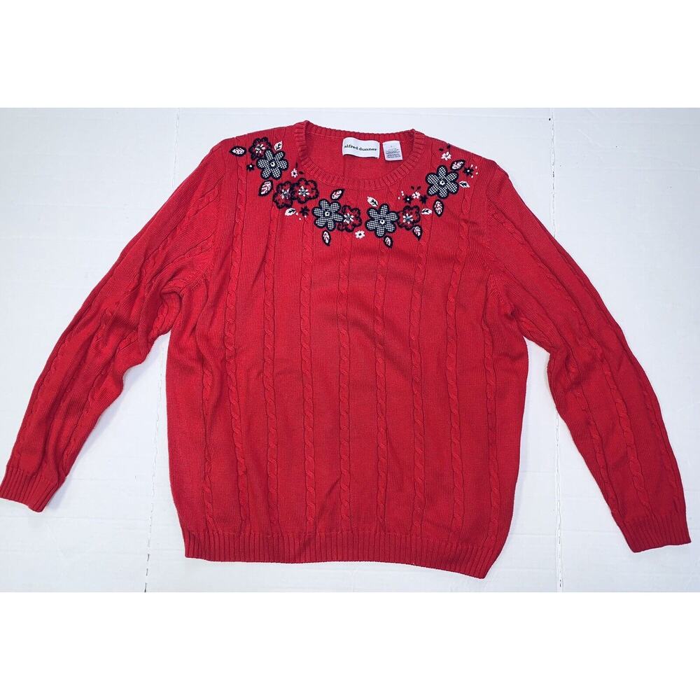 Alfred Dunner LG Womens Cable Knit Sweater Embroidered Flowers Beads Tomato Red